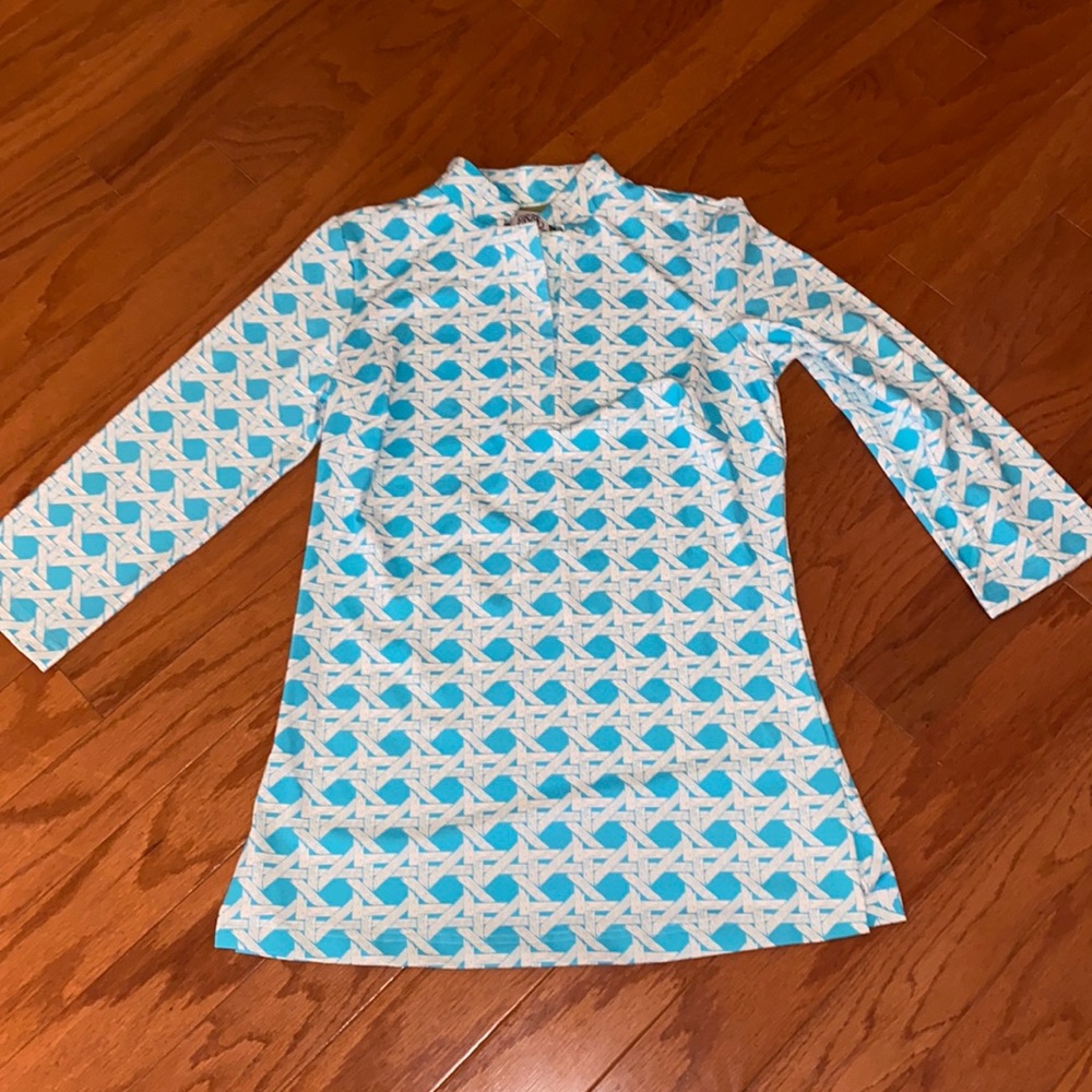 Elizabeth McKay turquoise rattan print tunic top sz XS